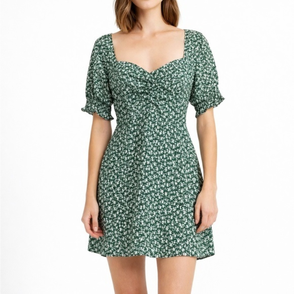 Altar’d State Floral Puff Sleeve Mini Dress Cottagecore Green White Small